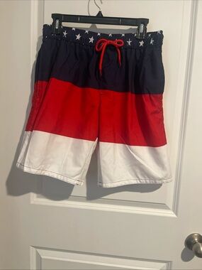 Men's Red, White & Blue Colorblock Swim Shorts Dream Waves M 31 waist 8.5 inseam